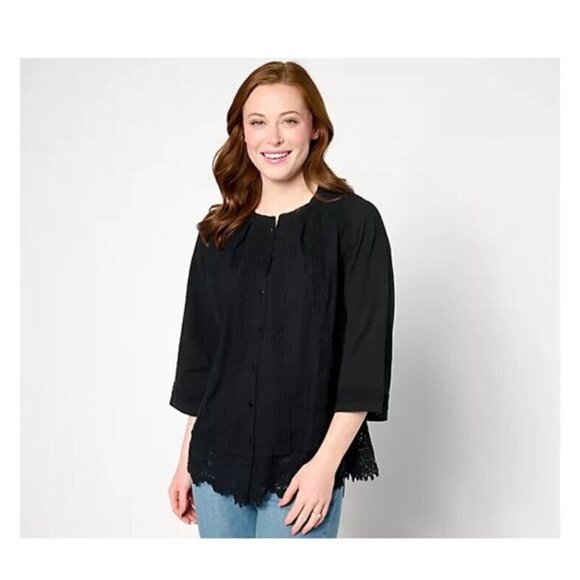 LOGO Lavish by Lori Goldstein Woven Button Front Top with Lace Trim Size M Black - Picture 1 of 13